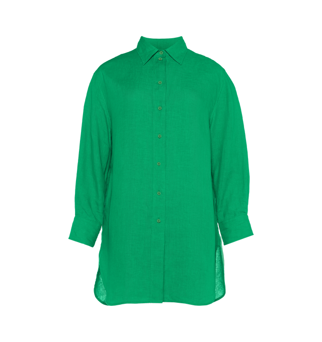 Image 1 of 5 - GREEN - ERES Mignonette Shirt featuring long sleeves, pleated cuffs and yoke in the back with rounded slits on each side at the hem. 100% Linen. Made in Bulgaria. 