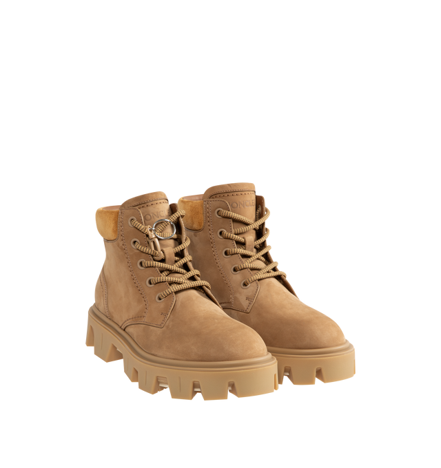 Image 2 of 4 - NEUTRAL - Moncler Mens Peak City Lace-Up Boots feature a nubuck and suede upper. Designed with a lace-up closure, leather welt, leather and mesh lining, cushioned back collar, rubberized TPU outsole, 13.5 cm shaft height, and 4 cm sole. Upper: Cow Leather; Lining: Cow Leather and 100% Polyamide/Nylon; Sole: 100% Elastodiene. Made in Italy. 