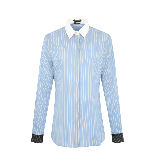 Image 1 of 2 - BLUE - Tom Ford Women's Striped Silk Shirt With Contrast Details is crafted from striped silk and features a small fit, a concealed placket with self-covered buttons, a crepe de chine contrast collar, and white losange organza pliss cuffs. Designed with a back yoke for structure and finished with jewel buttons at the cuffs, this refined shirt balances tailored construction with distinctive contrast detailing. Main Material: 100% Silk. Made in Italy. 
