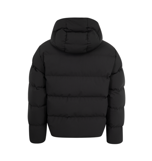 Image 2 of 3 - BLACK - MONCLER Languedoc Hooded Short Down Jacket featuring 2L technical nylon, nylon lining, down-filled, adjustable hood with embossed logo, zipper closure, zipped pockets, adjustable hem and silicone logo patch. 100% polyester. Padding: 90% down, 10% feather. Made in Romania. 