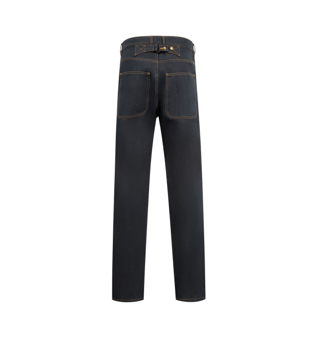 Image 2 of 3 - NAVY - THOM BROWNE Selvedge Denim Trouser featuring button fly closure, adjustable buttoned backstrap, selvedge detail at inner cuffs and signature striped grosgrain loop tab. 100% cotton. Made in Japan. 