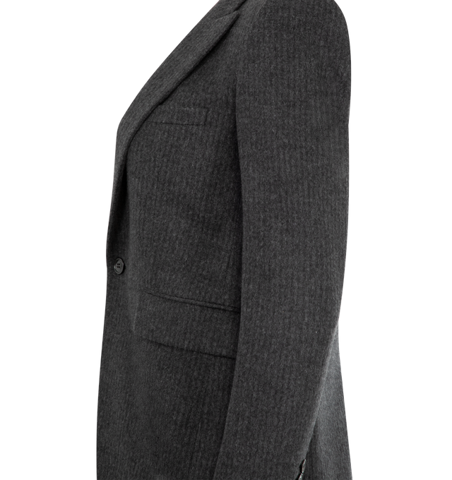 Image 3 of 3 - GREY - SAINT LAURENT Single Breasted Blazer featuring singular front button closure, padding at shoulders, breast seam pocket and front flap pockets and buttoned cuffs. Made in Italy. 