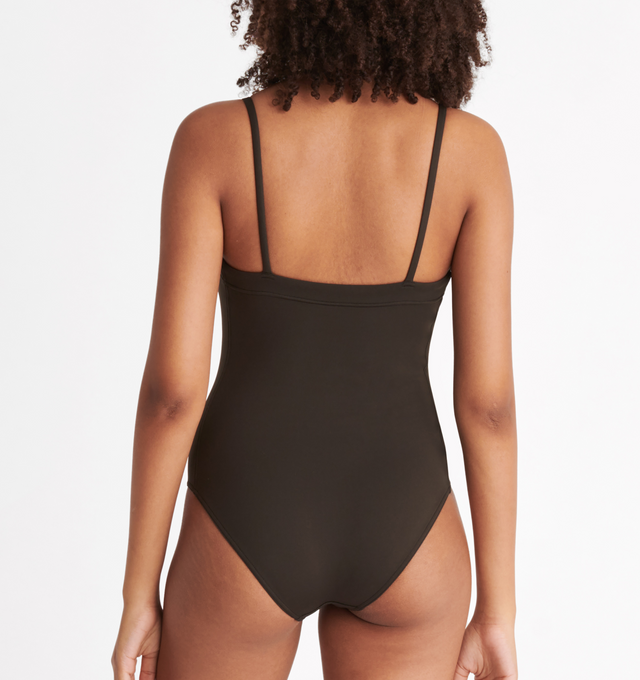 Image 5 of 6 - GREY - ERES Aquarelle Tank One-Piece Swimsuit featuring thin straps, wraparound neckline seam and straight back straps. Main: 84% Polyamid, 16% Spandex. Second: 68% Polyamid, 32% Spandex. Made in France.  