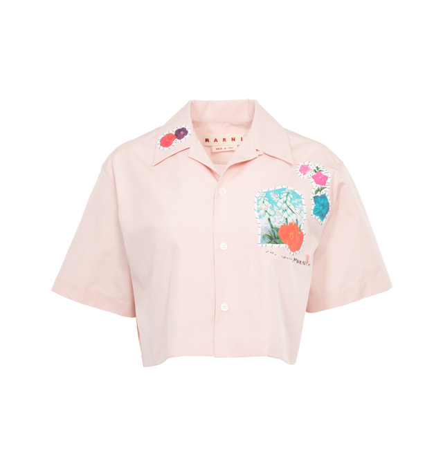 Image 1 of 3 - PINK - MARNI Patch Shirt featuring spread collar, button closure, cropped hem, short sleeves and embroidered patches. 100% organic cotton. Made in Italy. 