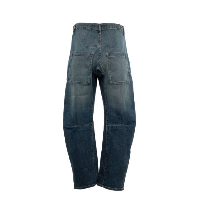 Image 2 of 4 - BLUE - NILI LOTAN Shon Jean featuring mid-rise, relaxed fit jean in Japanese stretch denim, uniquely curved silhouette, seam detail at knees, gusset at inseam, zip fly, shank closure, top-stitched front and back patch pockets and belt loops. 98% cotton, 2% polyurethane. 