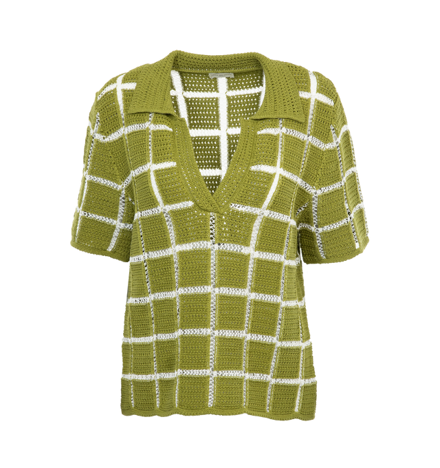 Image 1 of 3 - GREEN - DRIES VAN NOTEN Knit Polo featuring open-knit, spread collar, v-neckline, short sleeves, hip length and relaxed fit. Cotton/nylon/polyamide. Made in Belgium. 