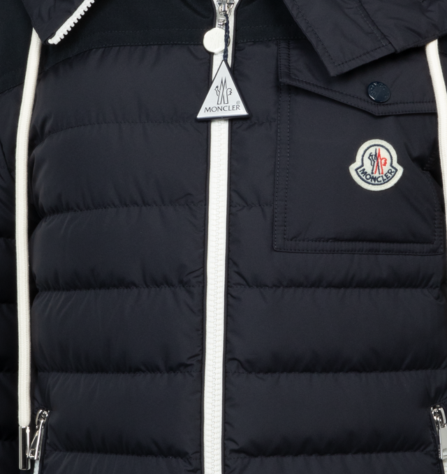 Image 3 of 3 - NAVY - MONCLER Acamante Down Jacket featuring down-filled, zipper closure, zipped welt pockets, hood and elastic cuffs. 100% polyamide/nylon. Padding: 90% down, 10% feather. 