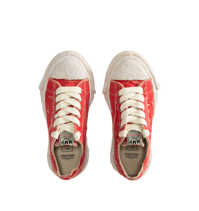 Image 5 of 5 - RED - Maison Mihara Yasuhiro Men's Peterson23 Sneakers feature the brand's signature hand-sculpted OG sole, a ripped overdye canvas upper, and a relaxed low-top silhouette for a bold contemporary look. Designed for the Spring/Summer 2026 collection, these designer sneakers combine Maison Mihara Yasuhiro's experimental aesthetic with a wider fit, layered overdye finish, distressed detailing, and a three-dimensional rubber toe cap that echoes the sculptural sole. Intentional fading and distress 