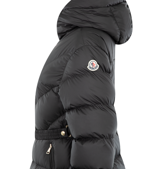 Image 3 of 3 - BLACK - MONCLER Brosse Short Down Jacket featuring brushed polyester, longue saison lining, down-filled, hood, zipper closure, zipped pockets and elastic belt with logo buckle. 100% polyester. Padding: 90% down, 10% feather. 