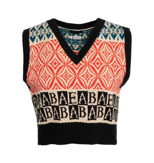 RED - BODE Alphabet Vest featuring geometric pattern, sleeveless, cropped fit and v-neck. 85% cotton, 15% baby alpaca. Made in Peru.