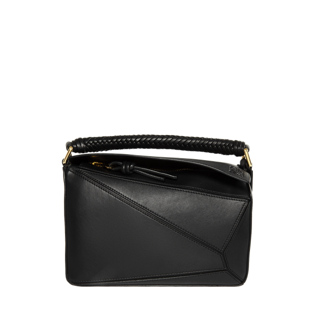 Image 1 of 3 - BLACK - LOEWE Small Puzzle Leather Top-Handle Bag featuring top handle, puzzle pattern leather, woven top handle, detachable shoulder strap, can be worn as a top handle or shoulder bag, fold-over flap top with zip closure, exterior back zip pocket and interior one slip pocket. 6.4"H x 9.4"W x 4.1"D. Made in Spain. 