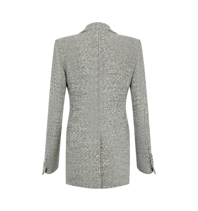 Image 2 of 2 - MULTI - Tom Ford Women's Sequined Broken Chevrons Tweed Wool Blend Western Jacket is crafted from a sequined broken chevrons wool-blend tweed and features a single-breasted silhouette, notch lapels, tailored shoulder pads, and slightly curved sleeves. Designed with a grosgrain undercollar, flap pockets with jet pockets, two handmade chest pockets, self-fabric covered buttons, and a single back vent, this fully lined jacket is finished with hand-crafted details including a handmade lapel butto 