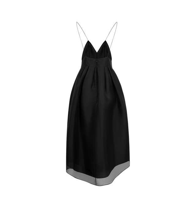 Image 2 of 2 - BLACK - KHAITE Colette Dress featuring a midi length, voluminous skirt, V-neck, fixed straps, side slip pockets, open back and back zip closure. 100% silk. Made in USA. 