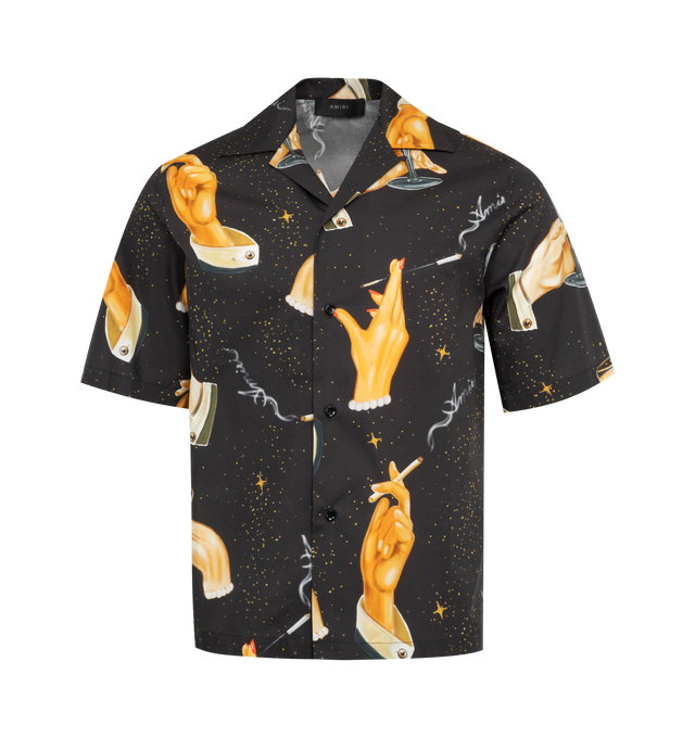 Image 1 of 3 - BLACK - AMIRI Champagne Poplin Shirt featuring regular-fit, short sleeve, camp collar, graphic prints throughout and button closures at front. 100% silk. 