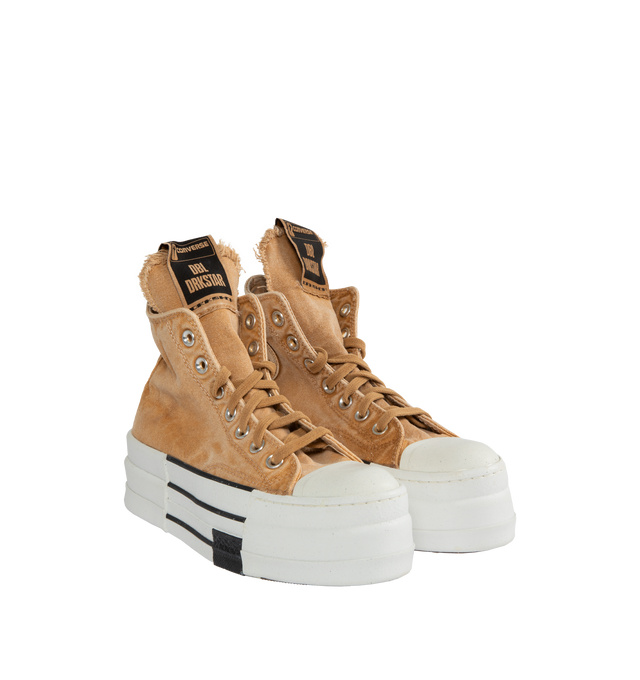 Image 2 of 5 - BROWN - Rick Owens DRKSHDW x Converse Edition DBL Drkstar Sneakers featuring high-top canvas sneaker, fading throughout, rubber cap toe, lace-up closure, logo patch at tongue, leather logo patch at inner side, metal eyelets, rubberized logo patch at heel and treaded rubber platform sole. Platform: H2". Upper: textile. Sole: rubber. Made in China. 