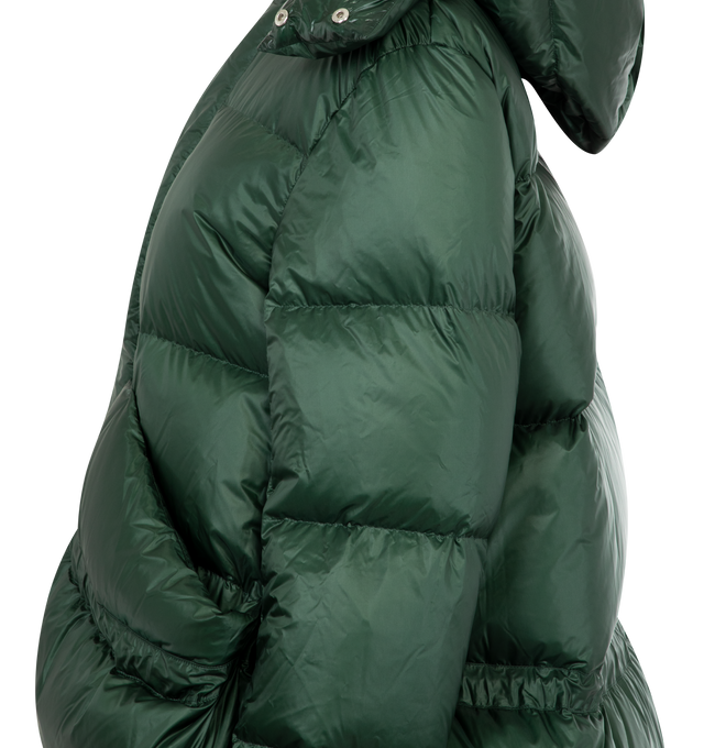 Image 3 of 4 - GREEN - SACAI Puffer Jacket featuring a removable hood, long sleeves with elasticized cuffs, front pockets, drawstring waist and concealed snap button front with a zip overlay. 100% nylon. 