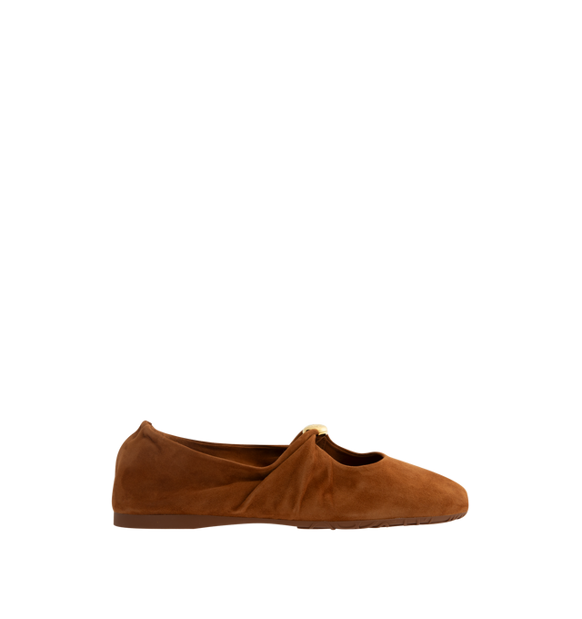 Image 1 of 4 - NEUTRAL - Loewe Women's Pebble soft ballerina in suede goatskin with a padded leather insole and flexible upper engineered for extra comfort, featuring a metallic pebble with an Anagram engraved detail and a signature petal toe shape. Anagram embossed rubber outsole. Made in Italy. 