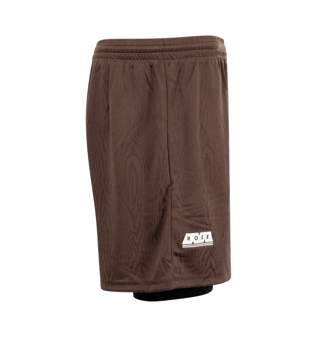 Image 3 of 4 - BROWN - Martine Rose football shorts crafted from dryfit jersey featuring vinyl Martine Rose crest and logo, elasticated waist, built-in elasticated tights designed to show just below the hem. Unisex style in men's sizing. 100% polyester with 59% polyamide / 41% elastane lining. 