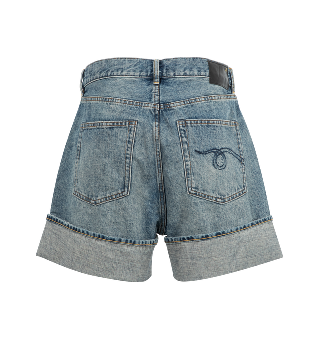 Image 2 of 3 - BLUE - R13 Nina Short featuring relaxed-fit, faded, subtly distressed nonstretch denim, zip fly with button closure, five-pocket style and cuffed hem. 100% cotton. 