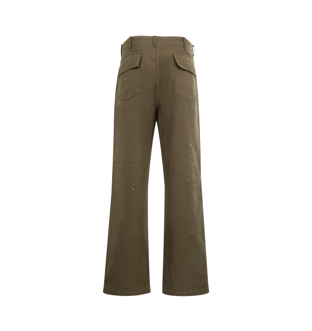 Image 2 of 3 - BROWN - AURALEE Washed Baggy Satin Bleached Baker Pants featuring four pocket style, relaxed fit, button zip closure, belt loops and paint throughout. 100% cotton. 