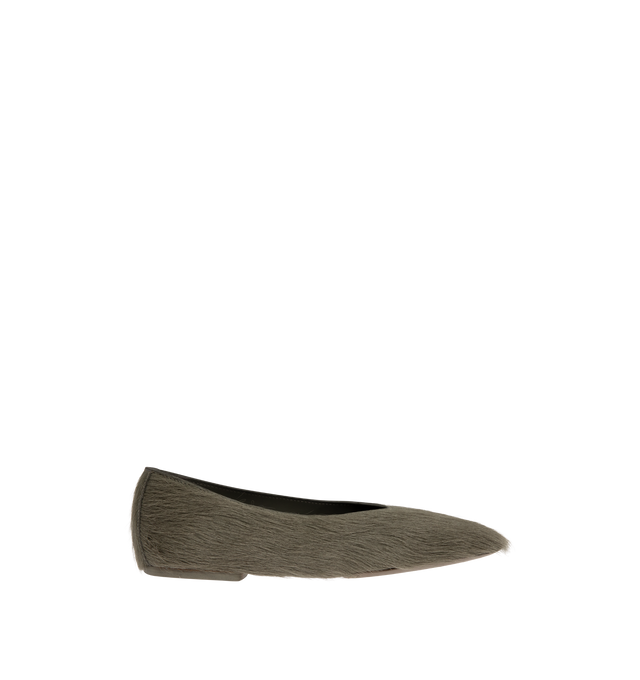 Image 1 of 4 - GREEN - Rick Owens Womens Ballerina Flats are crafted from cow hair & leather matreials with a square-toe silhouette. Feature a flat slip-on design, calf leather lining and insole, leather outsole with thermoplastic polyurethane detail, and genuine python upper with a naturally bleached finish. Upper: 100% Cow Hair ; Lining: 100% Calf Leather; Insole: 100% Calf Leather; Sole: 100% Cow Leather; Sole Detail: 100% Thermoplastic Polyurethane. Made in Italy. 