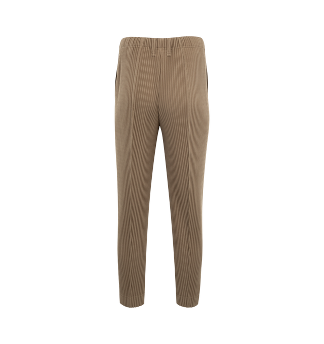 Image 2 of 3 - BROWN - ISSEY MIYAKE Compleat Trousers featuring slim shape, full-length hem, pleated, center seam detail, elastic waistband and two pockets. 100% polyester. 
