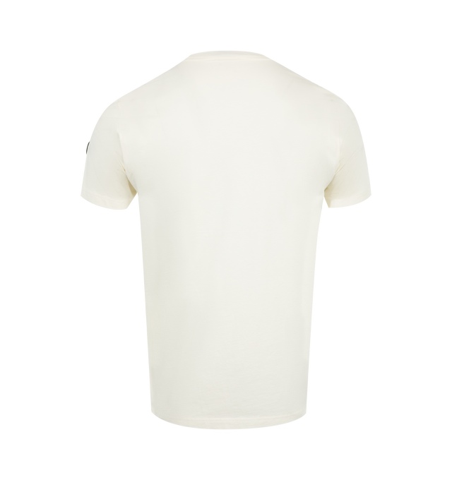 Image 2 of 3 - WHITE - Moncler Logo Applique Printed T-Shirt has a crew neck, a blurred shield logo design with a rubberized overlay, and a slightly relaxed fit. 100% cotton.  