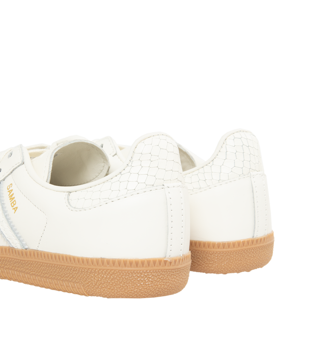 Image 3 of 5 - WHITE - ADIDAS Samba OG Sneakers featuring regular fit, lace closure, smooth leather and suede upper with snakeskin overlays on the T-toe, 3-Stripes and heel moustache, synthetic leather lining, gum rubber cupsole and gum rubber midsole. 