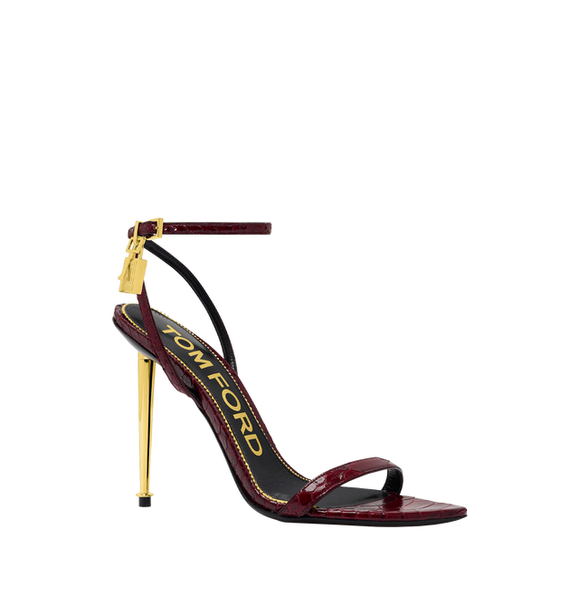 Image 2 of 4 - RED - TOM FORD Semi Shiny Printed Python Padlock Pointy Naked Sandal featuring a pointed toe, signature padlock hardware and a metal spike heel. 105 mm heel. 100% calfskin. Made in Italy. 