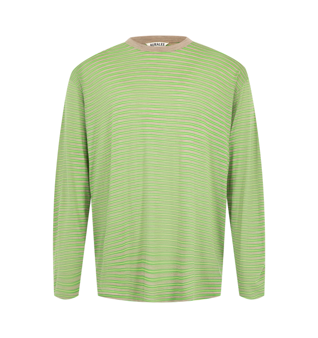Image 1 of 2 - GOLD - Auralee Men's Soft Smooth Wool Stripe Long-Sleeve T-Shirt is crafted from 15.5-micron merino wool jersey and features a multicolored striped design. The fabric has a natural sheen with an exceptionally smooth, soft, and fluid hand. Cut in a regular fit. Main Material: 100% Wool. 