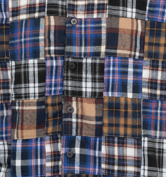 Image 3 of 3 - BLUE - WHO DECIDES WAR Multi-Plaid Pocket Flannel featuring stained glass cargo pockets, fits slightly oversized, button front closure and classic collar. 100% cotton. 
