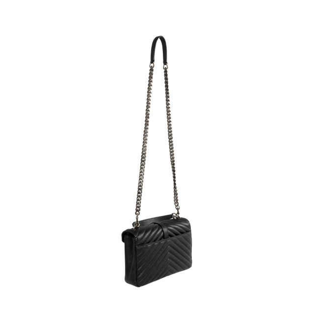 Image 2 of 3 - BLACK - SAINT LAURENT College medium satchel in lambskin leather with iconic chevron quilt overstitching, brushed palladium hardware and Cassandre. Featuring a double interior compartment seperated by an interior zipped pocket and a large back slot pocket, magnetic snap closure and organic cotton lining. Detachable swivel chain strap can be worn cross-body or hand-held. Measures 9.4 X 6.6 X 2.5 inches with 2.5 inch drop handle and 22 inch chain strap. Made in Italy. 