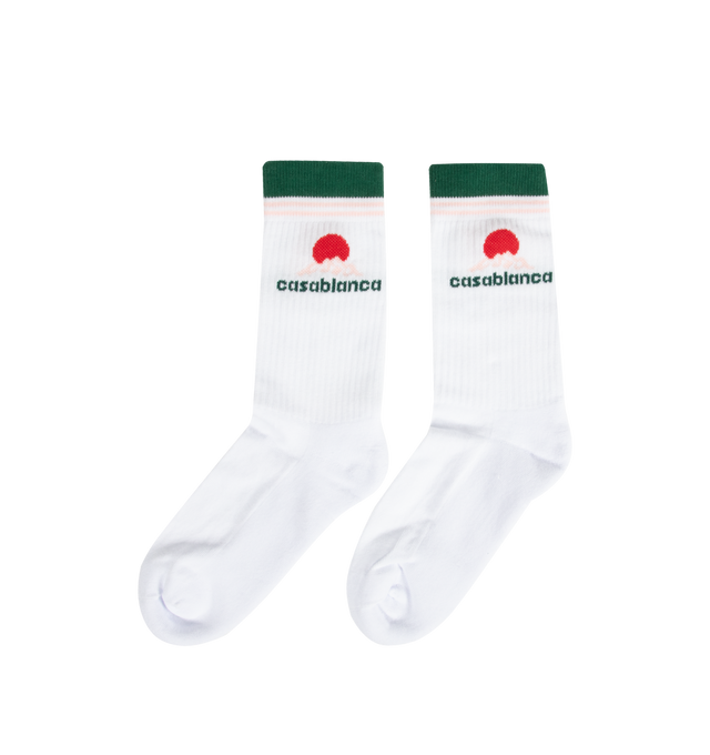 Image 2 of 2 - WHITE - CASABLANCA Sport Socks featuring calf-high knit stretch cotton-blend, stripes at rib knit cuffs and jacquard logo at cuffs. 80% cotton, 17% polyamide, 3% elastane. Made in Italy. 