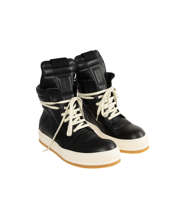 Image 2 of 4 - BLACK - Rick Owens Men's Creep Geobasket shoes crafted from full-grain cow leather. Above-ankle height featuring an extended toungue with webbing tab, signature geometric panels, a padded back counter with lines of top-stitching, zipper on the inside ankles for easy fastening, and a natural creeper 3.5cm high sole. 100% cow leather upper, 100% calf leather lining and insole, 100% thermoplastic rubber sole. Made in Italy. 