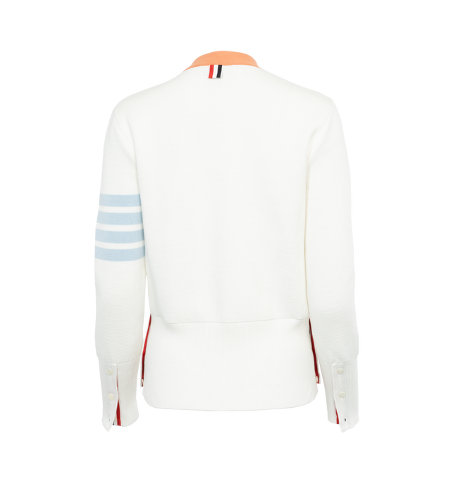 WHITE - THOM BROWNE Milano V-Neck 4 Bar Cardigan featuring V-neck, front button closure with striped grosgrain placket, front slip pockets, 4-bar detailing, buttoned side vents and cuffs with signature striped grosgrain trim and signature striped grosgrain loop tab. 100% cotton.