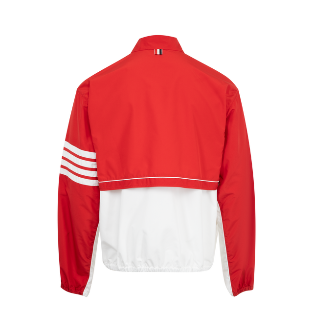 Image 2 of 3 - RED - THOM BROWNE Ripstop Color Block Windbreaker featuring a water-repellent finish, front zip closure, 4-bar detailing, name tag applique and signature striped grosgrain loop tab. 100% nylon. Made in Italy. 