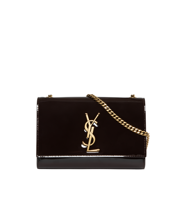 BROWN - SAINT LAURENT Kate Small Bag in Patent Leather featuring curb chain, grosgrain lining, magnetic fastening and interior slit pocket. 4.9"H x 7.8"W x 2"D. Strap drop: 56cm. 90% calfskin leather, 10% metal. Made in Italy.