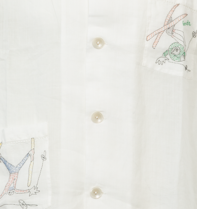 Image 3 of 4 - WHITE - BODE Skiers Short Sleeve Shirt featuring short sleeves, notched collar, motifs in delicate, single-thread embroidery, lightweight linen and has picot detaling along the hem. 100% linen. Made in India. 