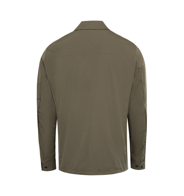 Image 2 of 2 - GREEN - MONCLER Ferma Shirt Jacket featuring micro soft polyester, rainwear lining, zipper and snap button closure, zipped inner and outer pockets, adjustable cuffs, hem with elastic drawstring fastening and inner label with fabric description. 100% polyester. 