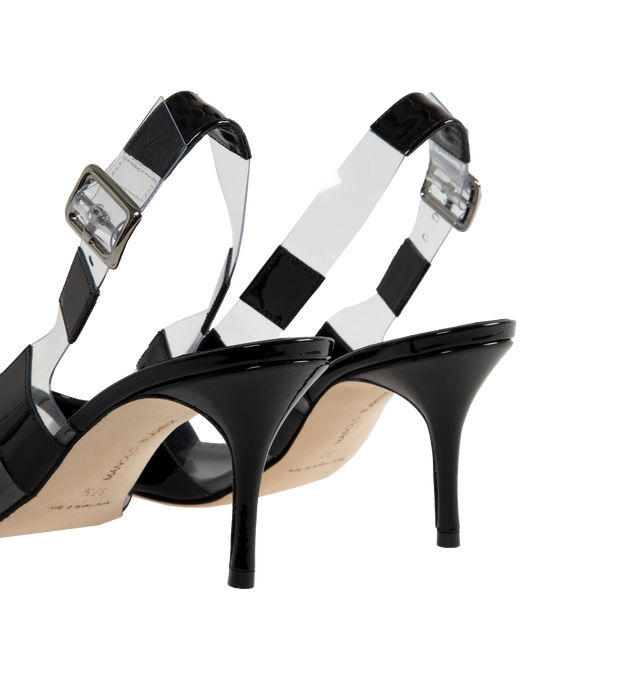 Image 3 of 4 - BLACK - MANOLO BLAHNIK Uxra Slingback Pump featuring striped design with clear cut-out details and buckle closure. Finished with stiletto mid heel. Heel measures 70 mm. 50% calf patent, 50% poly viscose. Sole: 100% calf leather. Lining: 100% kid leather. Made in Italy.  