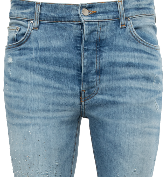 Image 4 of 4 - BLUE - AMIRI Crystal Shotgun Jeans featuring belt loops, five-pocket styling, button-fly, leather logo patch at back waistband and logo-engraved silver-tone hardware. 92% cotton, 6% elastomultiester, 2% elastane. Made in USA. 
