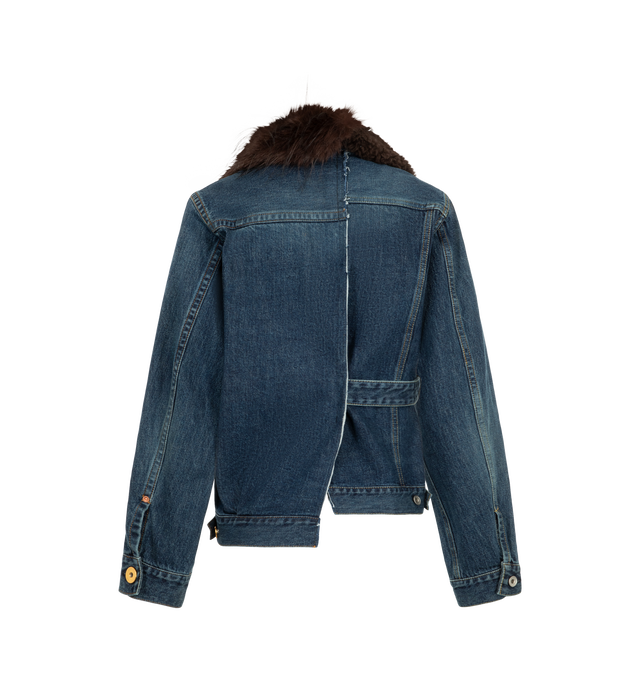 Image 2 of 3 - BLUE - Sacai Women's faux fur-trimmed cinched denim jacket featuring an asymmetric button placket and a plush black collar. Material: Cotton Denim, Polyester Faux Fur. 