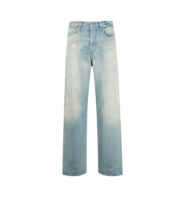 Image 1 of 3 - BLUE - Acne Studios men's 1981  Pale Blue Vintage Jeans are crafted from non-stretch slubby denim and feature a loose-fit silhouette with a low-to-mid rise and wide baggy leg. Finished with a light wash for an authentic worn-in look, these jeans are designed with a long length, classic five-pocket construction, and a button fly closure. Made from organically grown cotton. Main Material: 100% Cotton. Patch: 100% Cow Leather. 