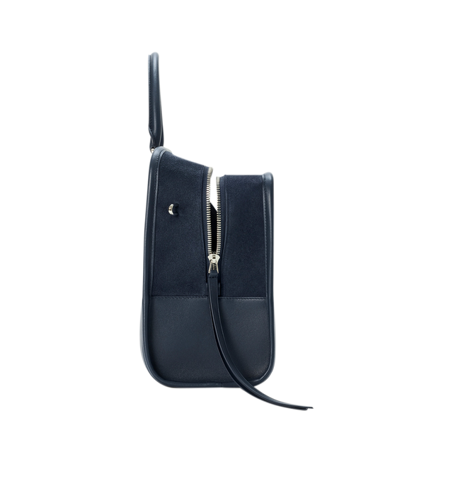 Image 7 of 16 - NAVY - Loewe Large Amazona 180 Bag in suede featuring a relaxed silhouette anchored by a single toron top handle, designed to be carried open while a concealed closure secures the main compartment, removable shoulder and crossbody straps, zip closure with two leather zip pullers, two compartments, main compartment closed with magnetic closure, internal flat pocket, left side d-ring for customization, suede and nappa lambskin lining, embossed LOEWE and embossed double L branding. Suede/calf.  
