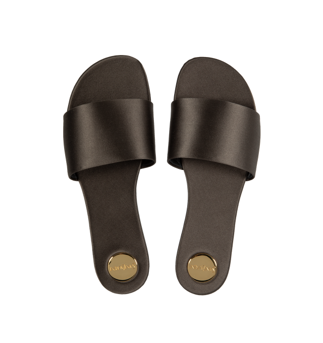 Image 4 of 4 - BROWN - SAINT LAURENT Carlyle Slide featuring round toe, thick arch band, engraved medallion on the insole and leather sole. 72% viscose, 28% silk. Made in Italy.  