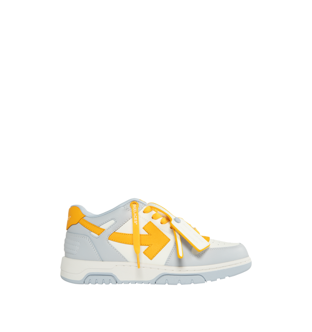 Image 1 of 5 - BLUE - OFF-WHITE Out of Office sneaker combines street, basketball and running styles heavily influenced by 90s subculture. Constructed with a calf leather upper and rubber sole. Lining: 18% Polyester,  82% Recycled Polyester. Outer: 89% Leather, 11% Recycled Polyester. Sole: 100% Rubber. 