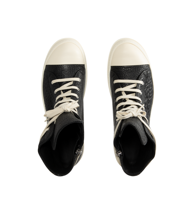 Image 5 of 5 - BLACK - Rick Owens Mens High-Top Sneakers feature a pebbled lamb leather and full-grain calf leather upper. Designed with a high-top silhouette, cream rope laces, off-white rubber toe cap, chunky ridged rubber cupsole, and lace-up closure. Upper: Lamb Leather and Calf Leather; Outsole: Rubber. Made in Italy. 