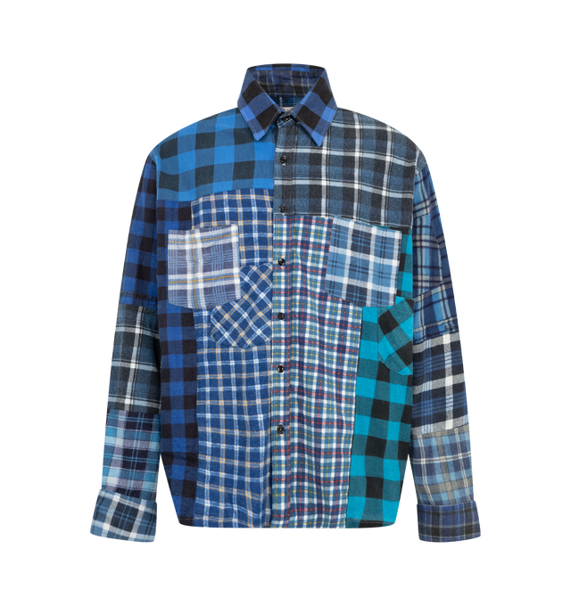Image 4 of 8 - RED - Needles Men's Straight Hem Flannel Shirt is crafted from reworked cotton flannel and features a one-of-a-kind construction created from cut-and-sewn vintage flannel shirts. Designed with a straight hem, classic collar, button-front closure, chest pockets, and buttoned cuffs, each piece is unique and will vary in color, pattern, and panel placement. Main Material: 100% Cotton. Details: Reworked One-of-One Design, Straight Hem, Classic Collar, Chest Pockets, Buttoned Cuffs. Closure: Butto 