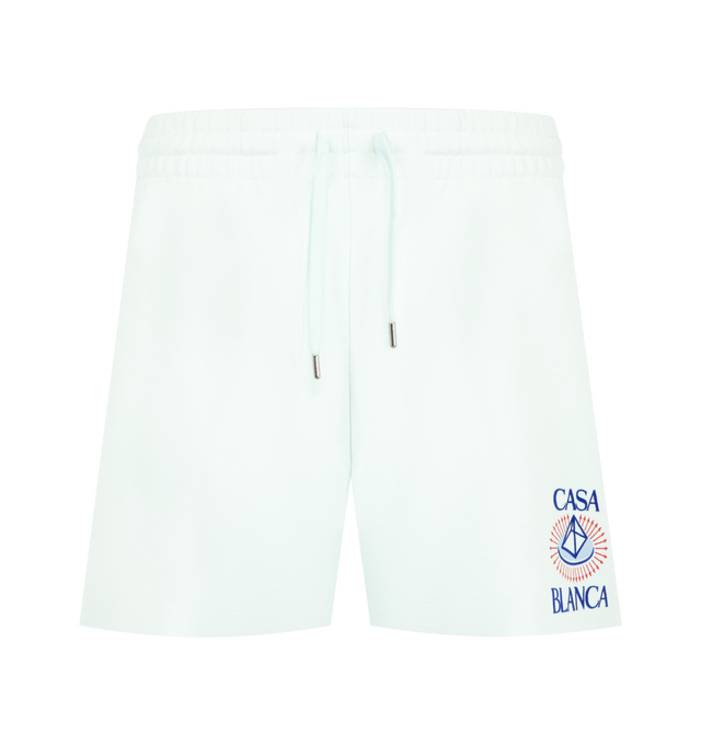 Image 1 of 3 - BLUE - Casablanca Men's Flock Printed Classic Shorts are crafted from premium cotton and feature a relaxed fit with an elasticated drawstring waistband, side pockets, and flock-printed graphic artwork for a soft, textured finish. These designer shorts combine exceptional everyday comfort with Casablanca's signature luxury sportswear aesthetic, making them an elevated choice for casual wear. Main Material: 100% Cotton. 