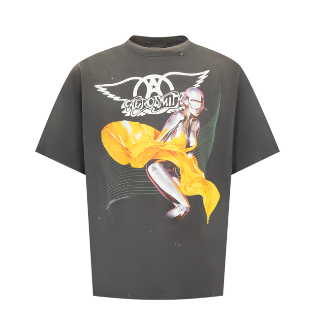 Image 1 of 2 - BLACK - SAINT MICHAEL Aerosmith T-shirt featuring heavyweight cotton, wide fit, subtly faded and distressed finish, ribbed crewneck, short sleeve, "JUST PUSH PLAY TOUR" graphic print on front and back and tubular knitting. 100% cotton. Made in Japan.  